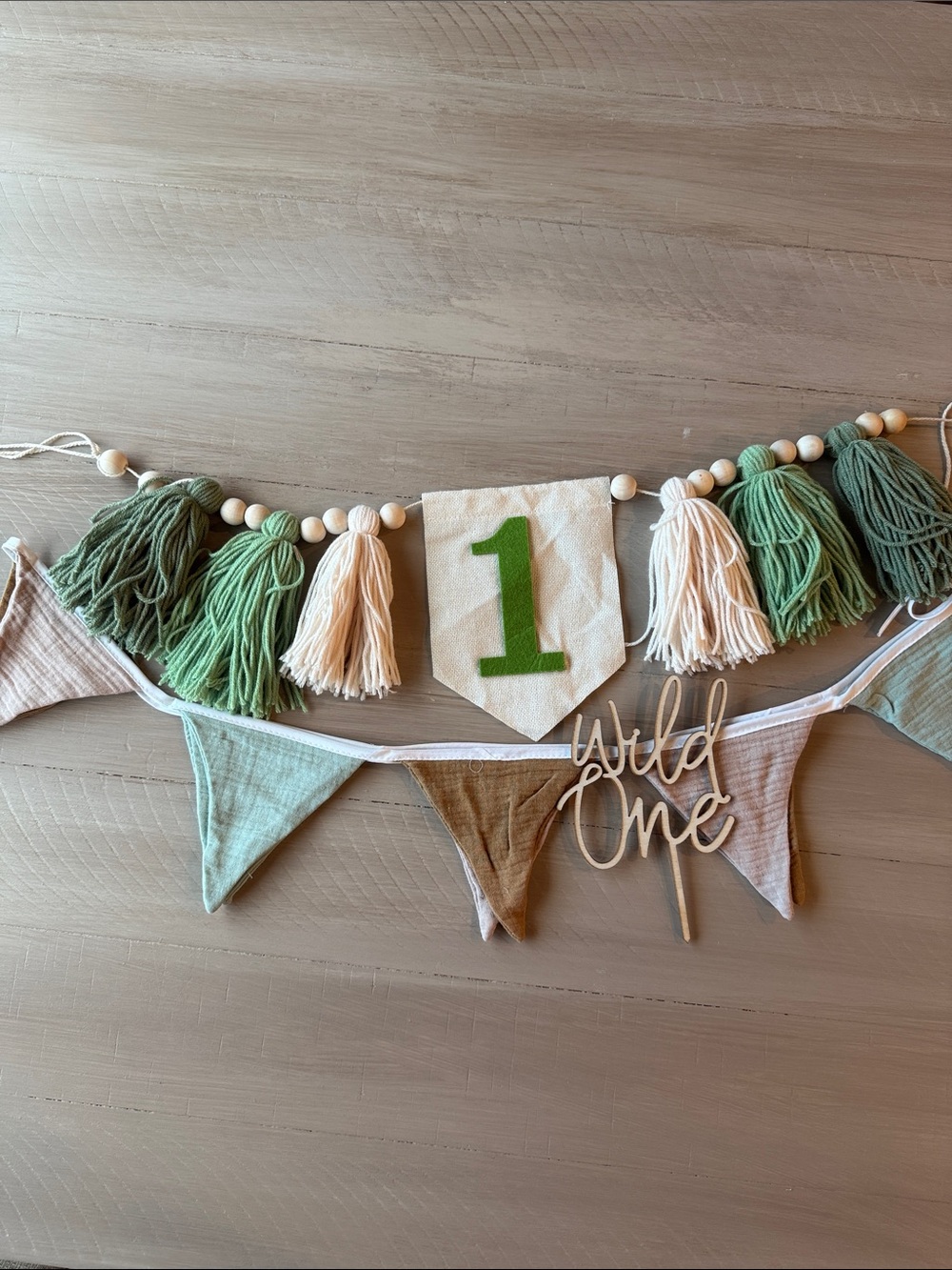 Wooden "Wild One" Cake Topper, green/ brown bunting banner, 1 tassel banner